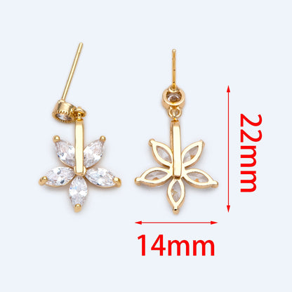 4pcs CZ Pave Flower Ear Posts 14x22mm, Real Gold Plated Brass Stud Earrings (#GB-1494)