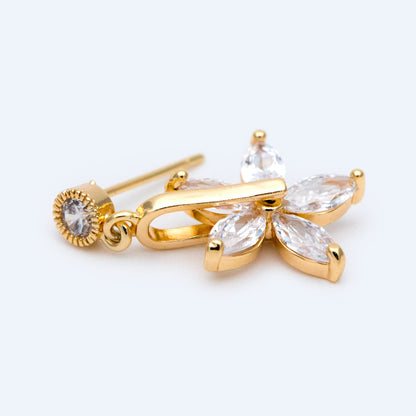 4pcs CZ Pave Flower Ear Posts 14x22mm, Real Gold Plated Brass Stud Earrings (#GB-1494)