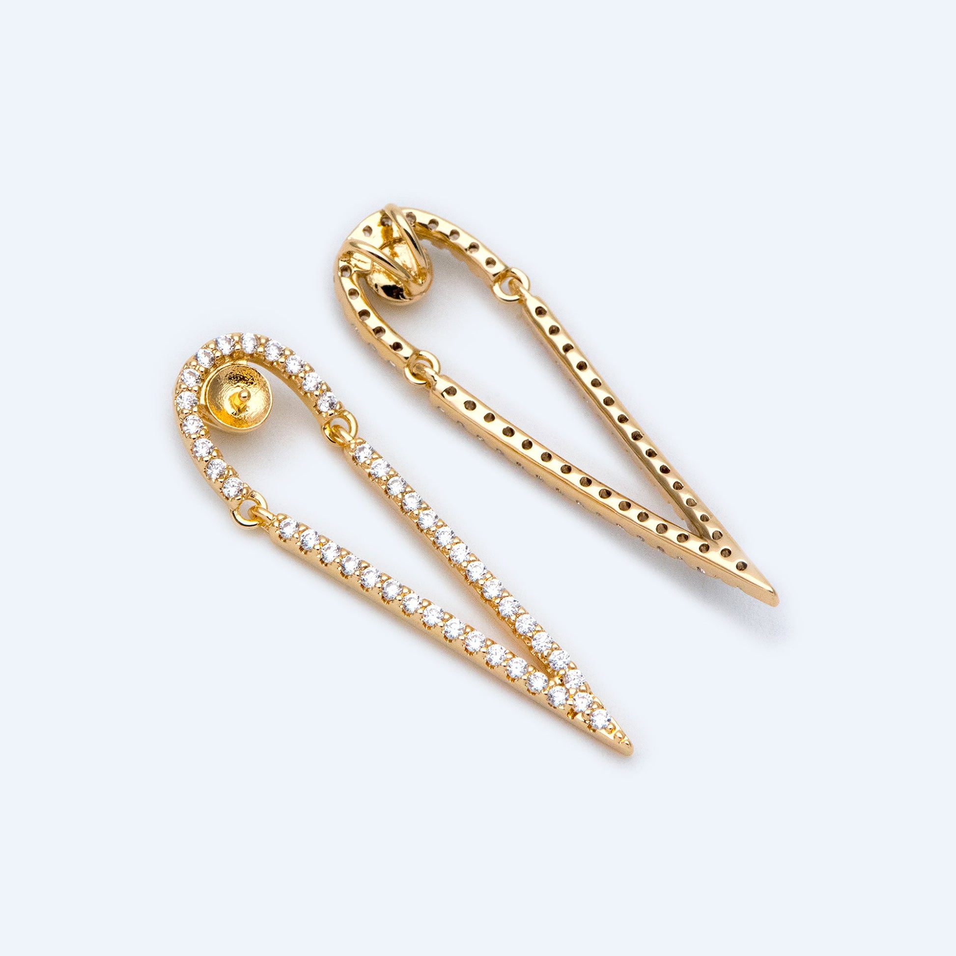 4pcs CZ Pave Gold Drop Charms, 34x10mm, DIY Pearl Peg Mounts, Half Drilled Pearl Settings (GB-1498)