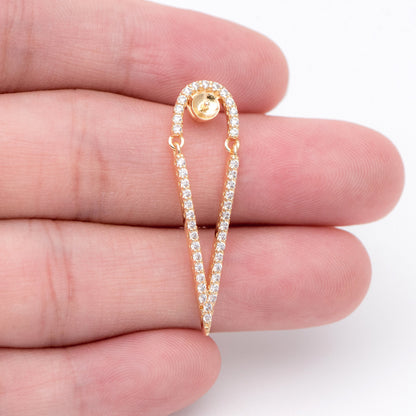4pcs CZ Pave Gold Drop Charms, 34x10mm, DIY Pearl Peg Mounts, Half Drilled Pearl Settings (GB-1498)