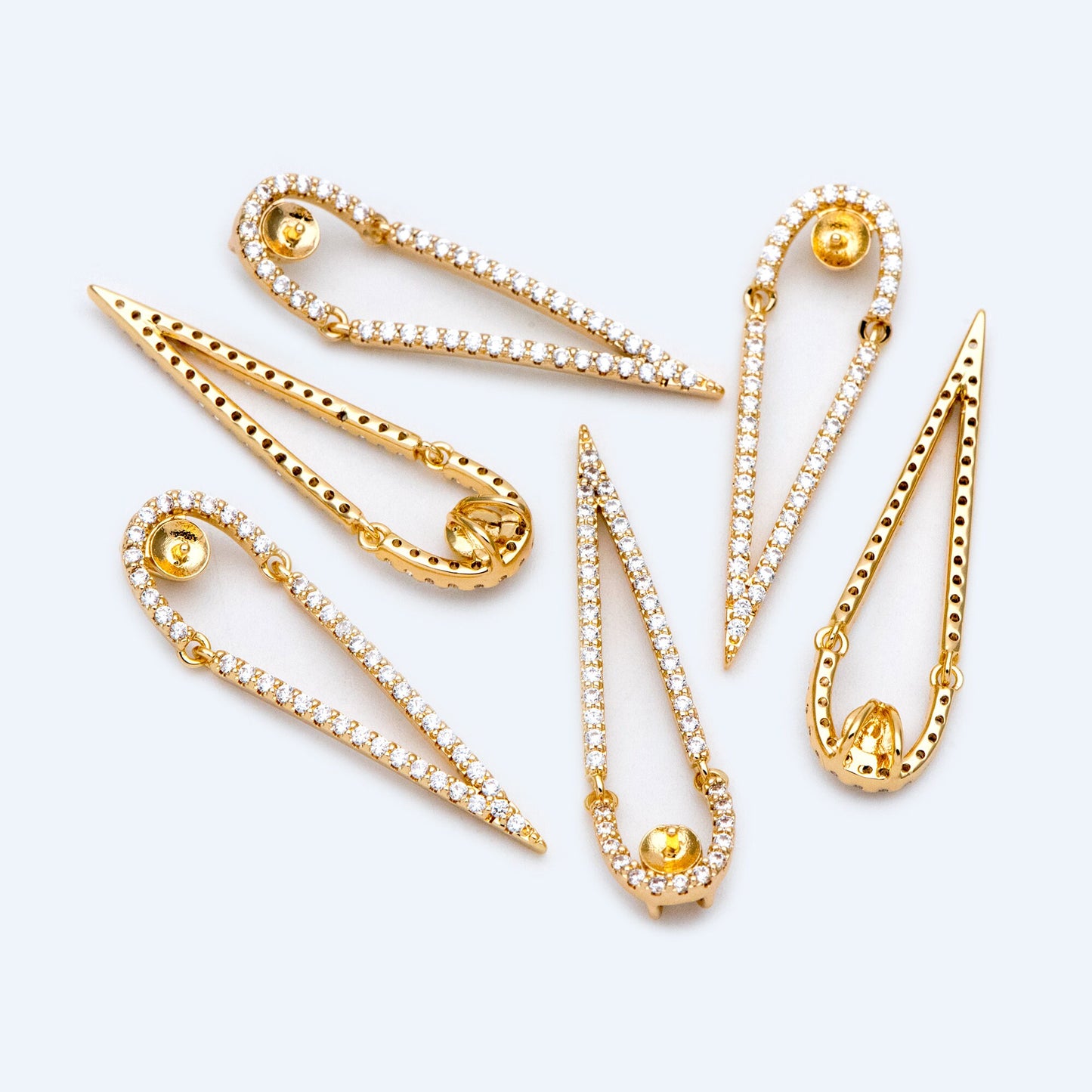 4pcs CZ Pave Gold Drop Charms, 34x10mm, DIY Pearl Peg Mounts, Half Drilled Pearl Settings (GB-1498)