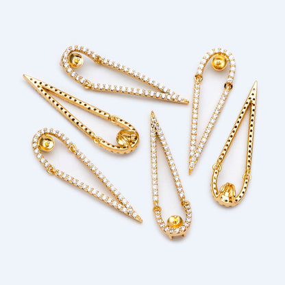 4pcs CZ Pave Gold Drop Charms, 34x10mm, DIY Pearl Peg Mounts, Half Drilled Pearl Settings (GB-1498)