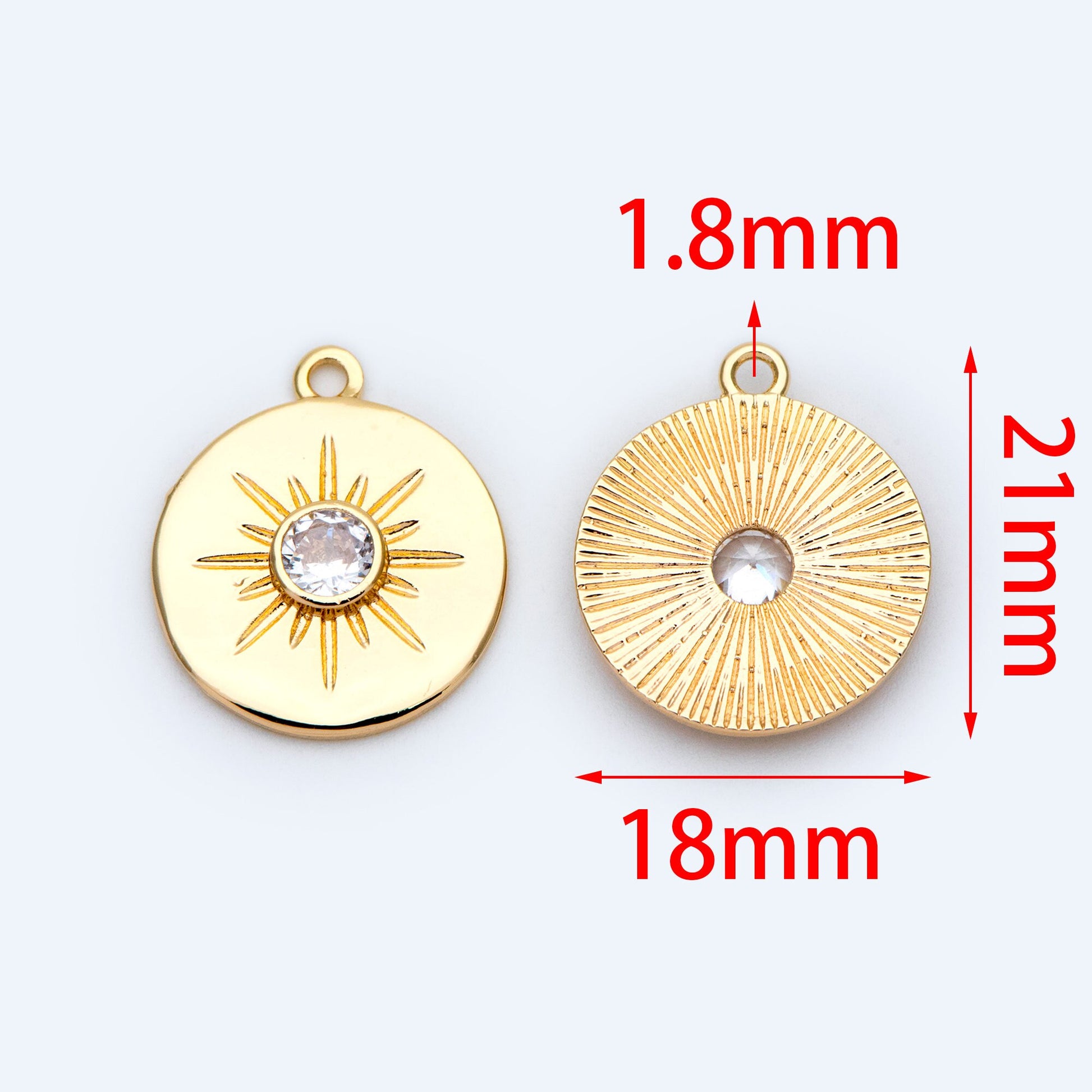 4pcs CZ Pave Sun Charms: 18K Gold Plated Brass Coin Pendants, 18x21mm (GB-1232-D)