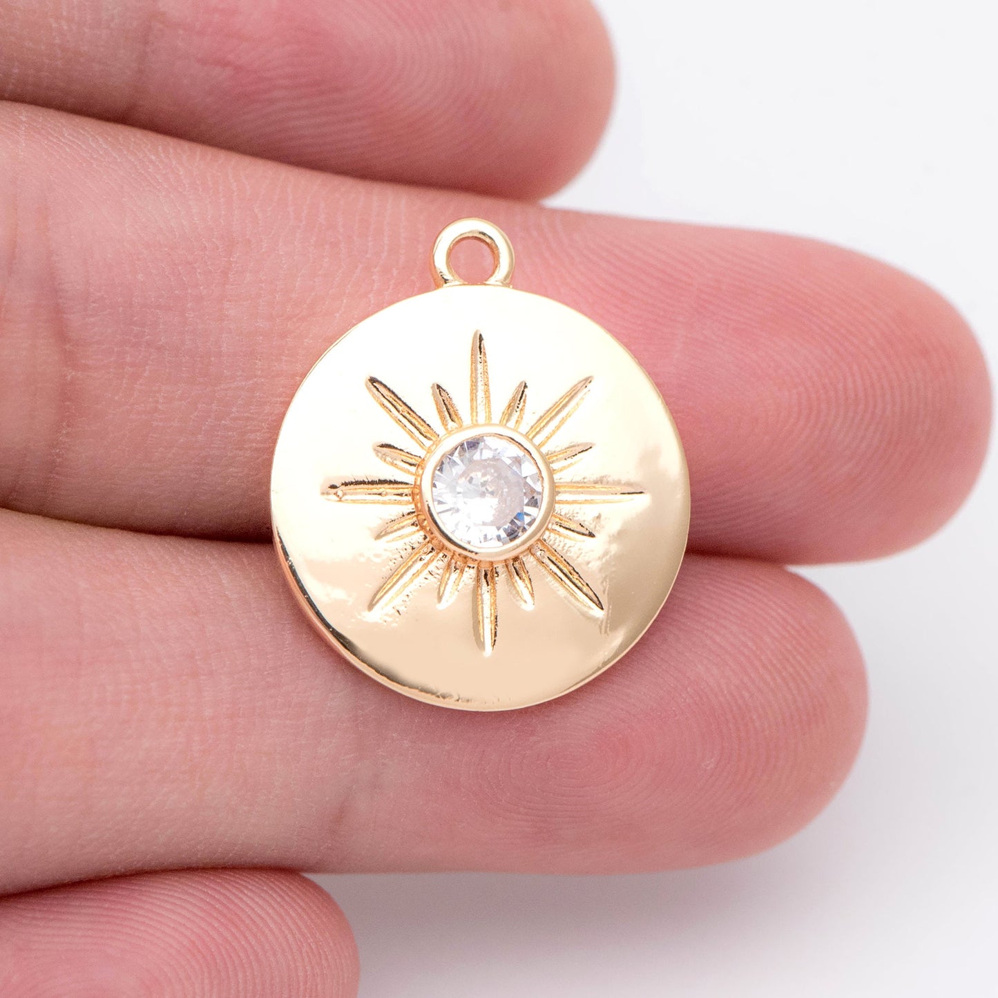 4pcs CZ Pave Sun Charms: 18K Gold Plated Brass Coin Pendants, 18x21mm (GB-1232-D)