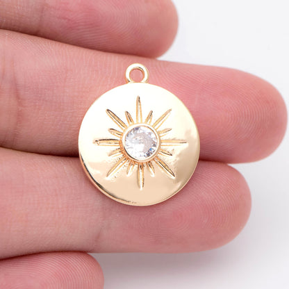4pcs CZ Pave Sun Charms: 18K Gold Plated Brass Coin Pendants, 18x21mm (GB-1232-D)