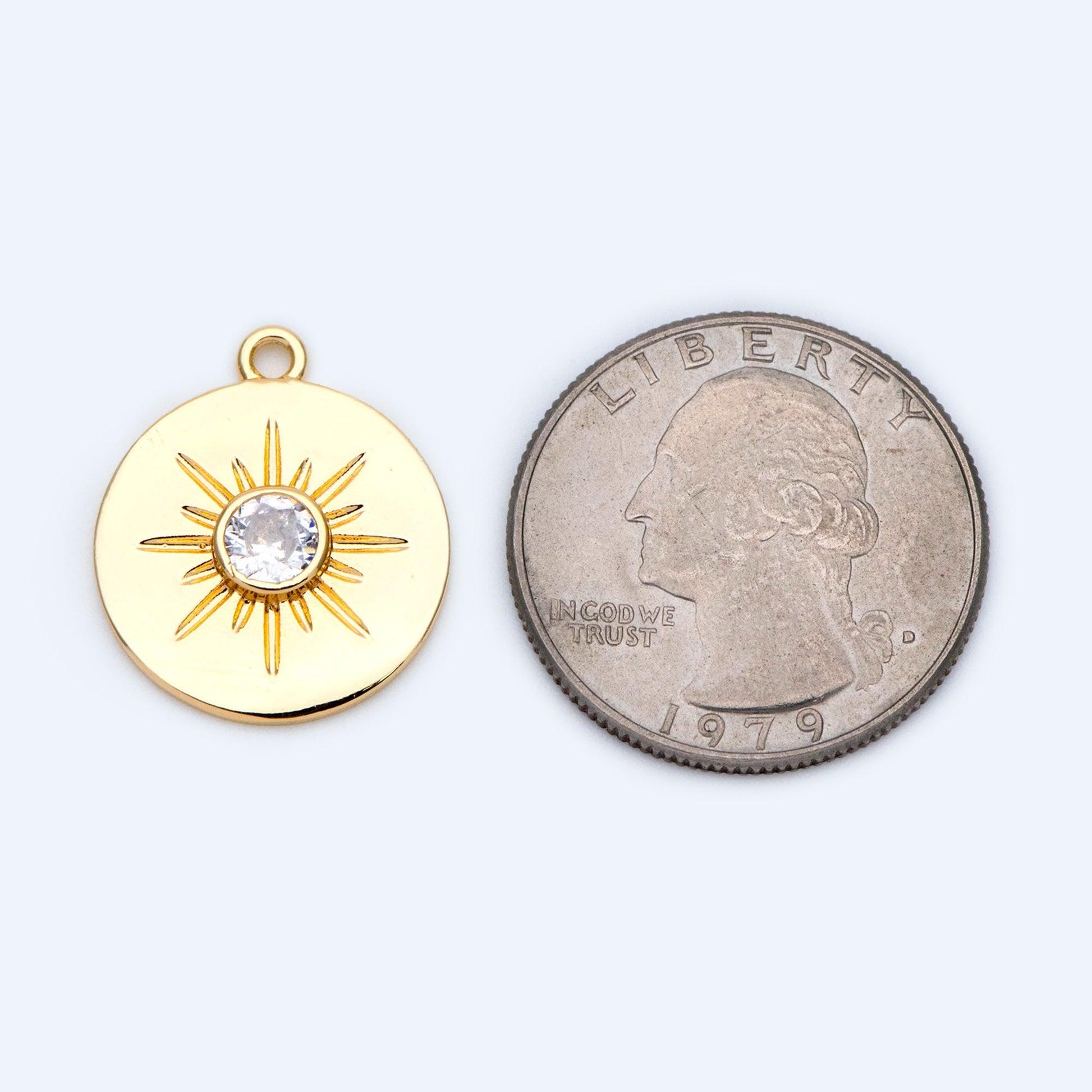 4pcs CZ Pave Sun Charms: 18K Gold Plated Brass Coin Pendants, 18x21mm (GB-1232-D)