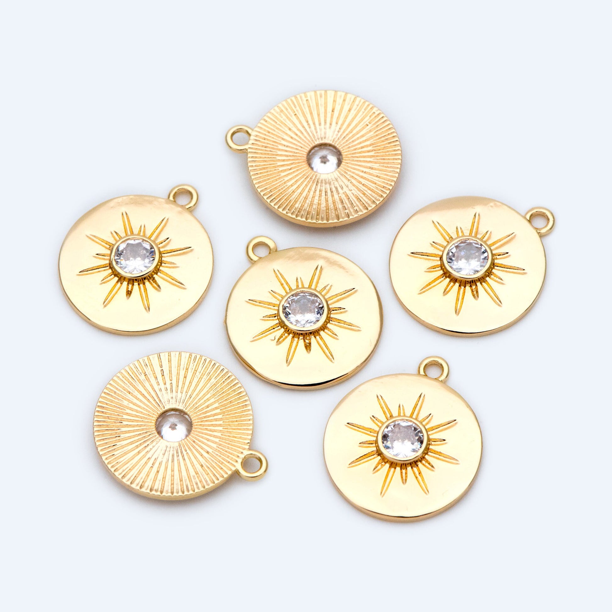 4pcs CZ Pave Sun Charms: 18K Gold Plated Brass Coin Pendants, 18x21mm (GB-1232-D)