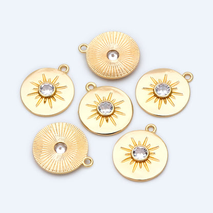 4pcs CZ Pave Sun Charms: 18K Gold Plated Brass Coin Pendants, 18x21mm (GB-1232-D)