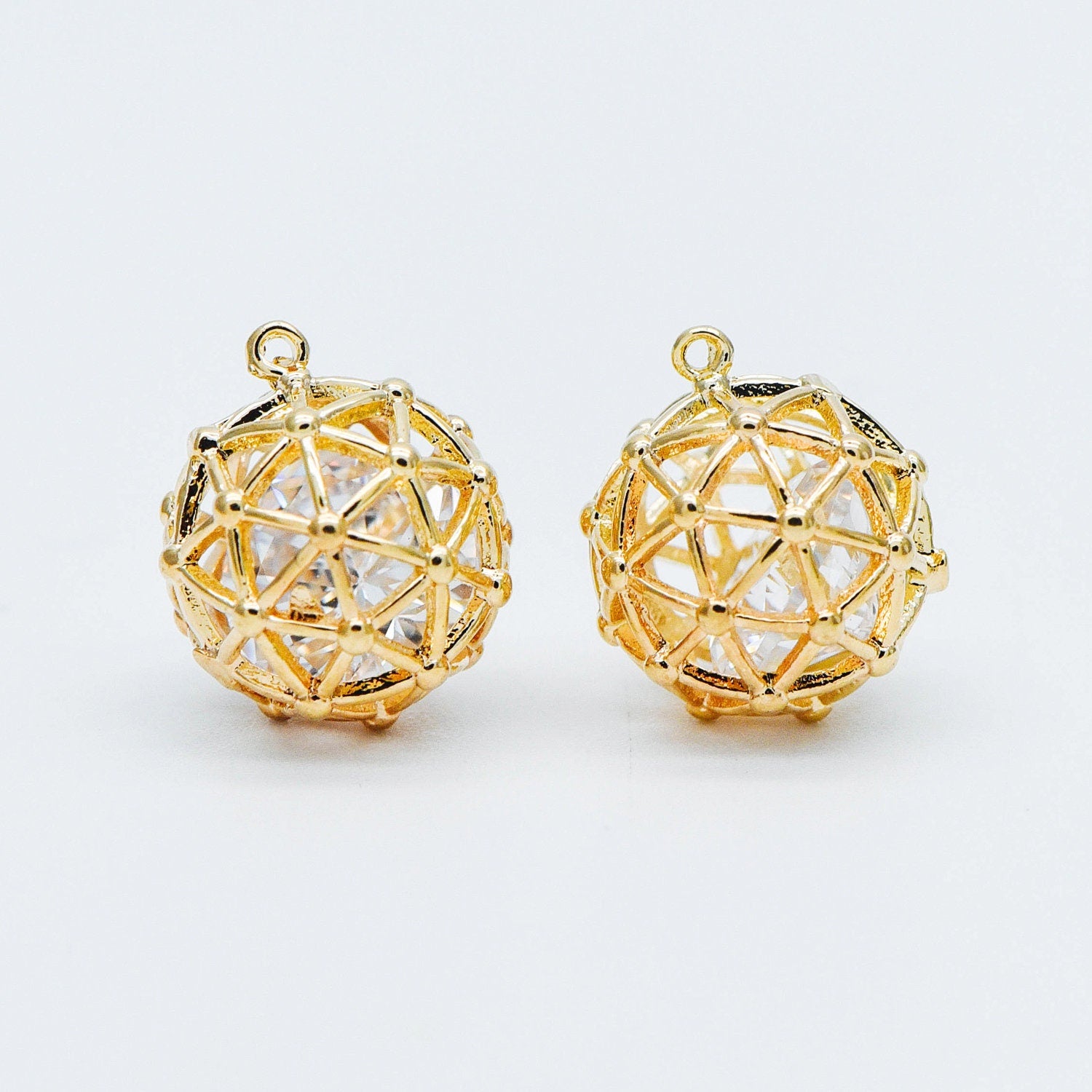 10pcs Gold Round Charms 11mm, Filigree Hollow Ball Pendants with CZ Inside, 18K Gold plated on Brass, Lead Nickel Free (GB-542)