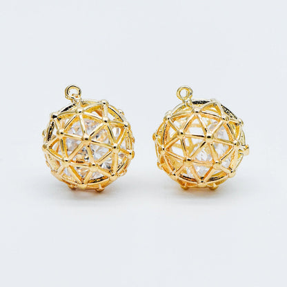 10pcs Gold Round Charms 11mm, Filigree Hollow Ball Pendants with CZ Inside, 18K Gold plated on Brass, Lead Nickel Free (GB-542)