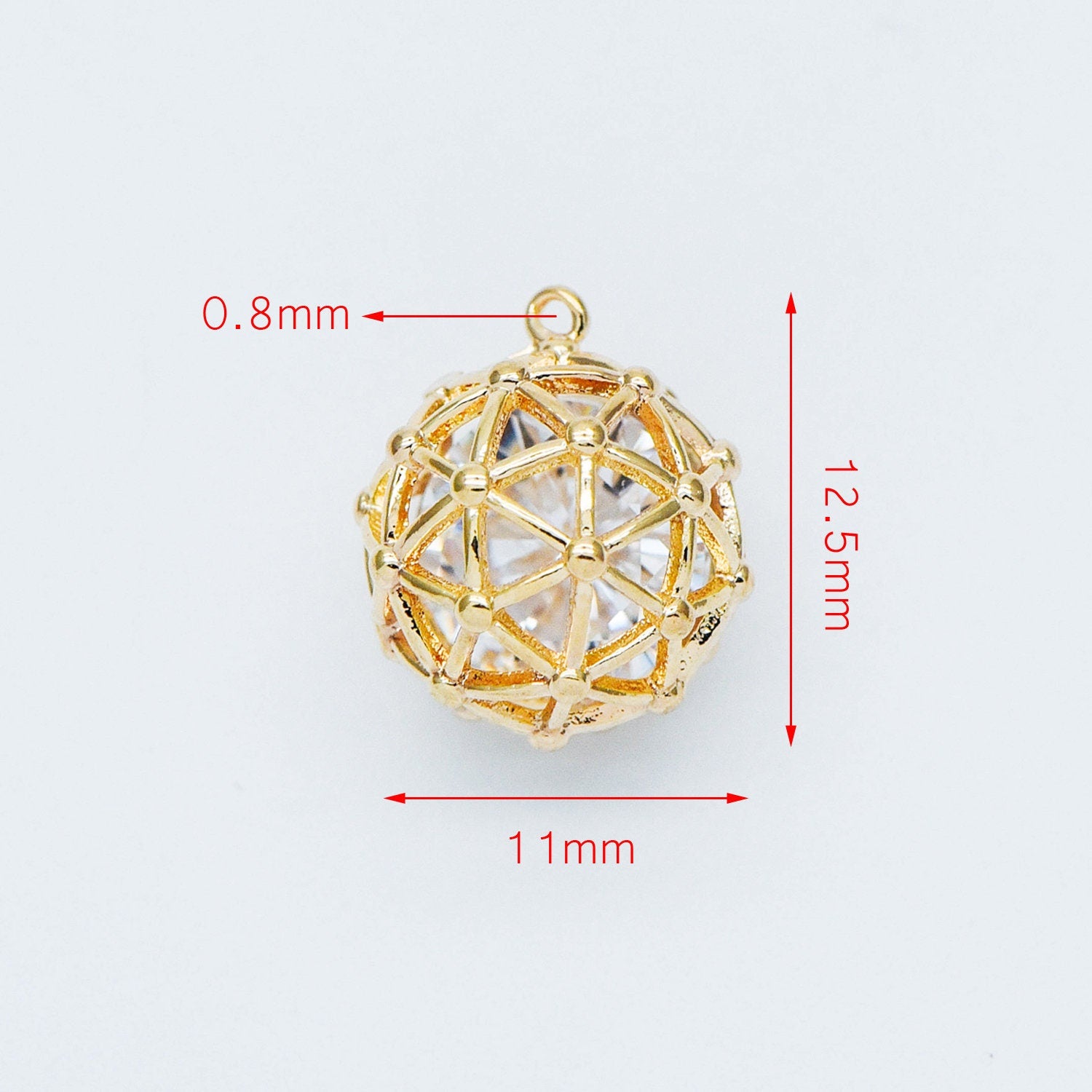10pcs Gold Round Charms 11mm, Filigree Hollow Ball Pendants with CZ Inside, 18K Gold plated on Brass, Lead Nickel Free (GB-542)