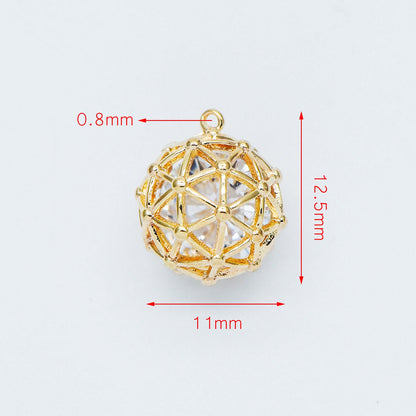 10pcs Gold Round Charms 11mm, Filigree Hollow Ball Pendants with CZ Inside, 18K Gold plated on Brass, Lead Nickel Free (GB-542)