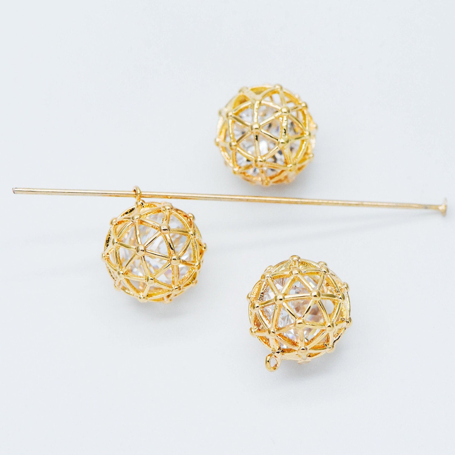 10pcs Gold Round Charms 11mm, Filigree Hollow Ball Pendants with CZ Inside, 18K Gold plated on Brass, Lead Nickel Free (GB-542)