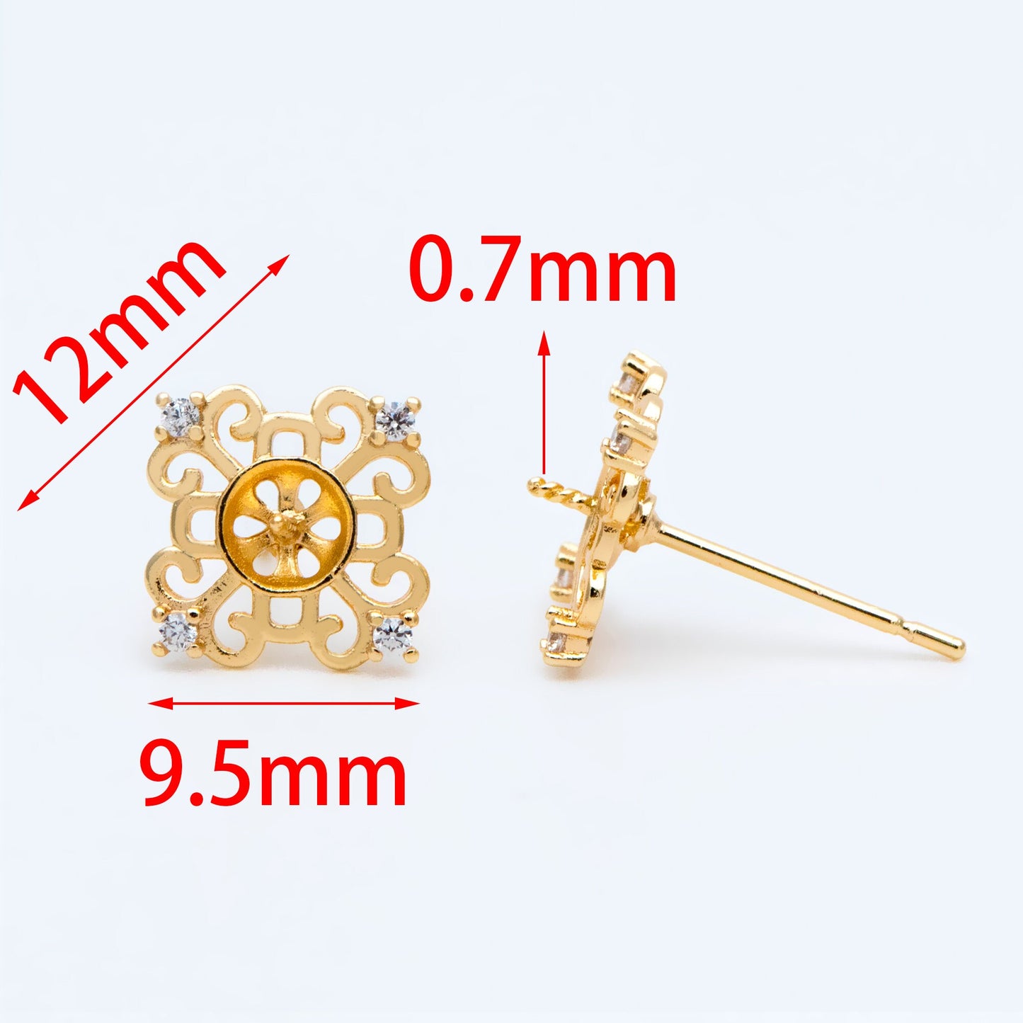 10pcs CZ Pave Filigree Flower Ear Posts 12mm, Pearl Peg Earring Mounts, Half Drilled Pearl Earring Settings (#GB-1541)