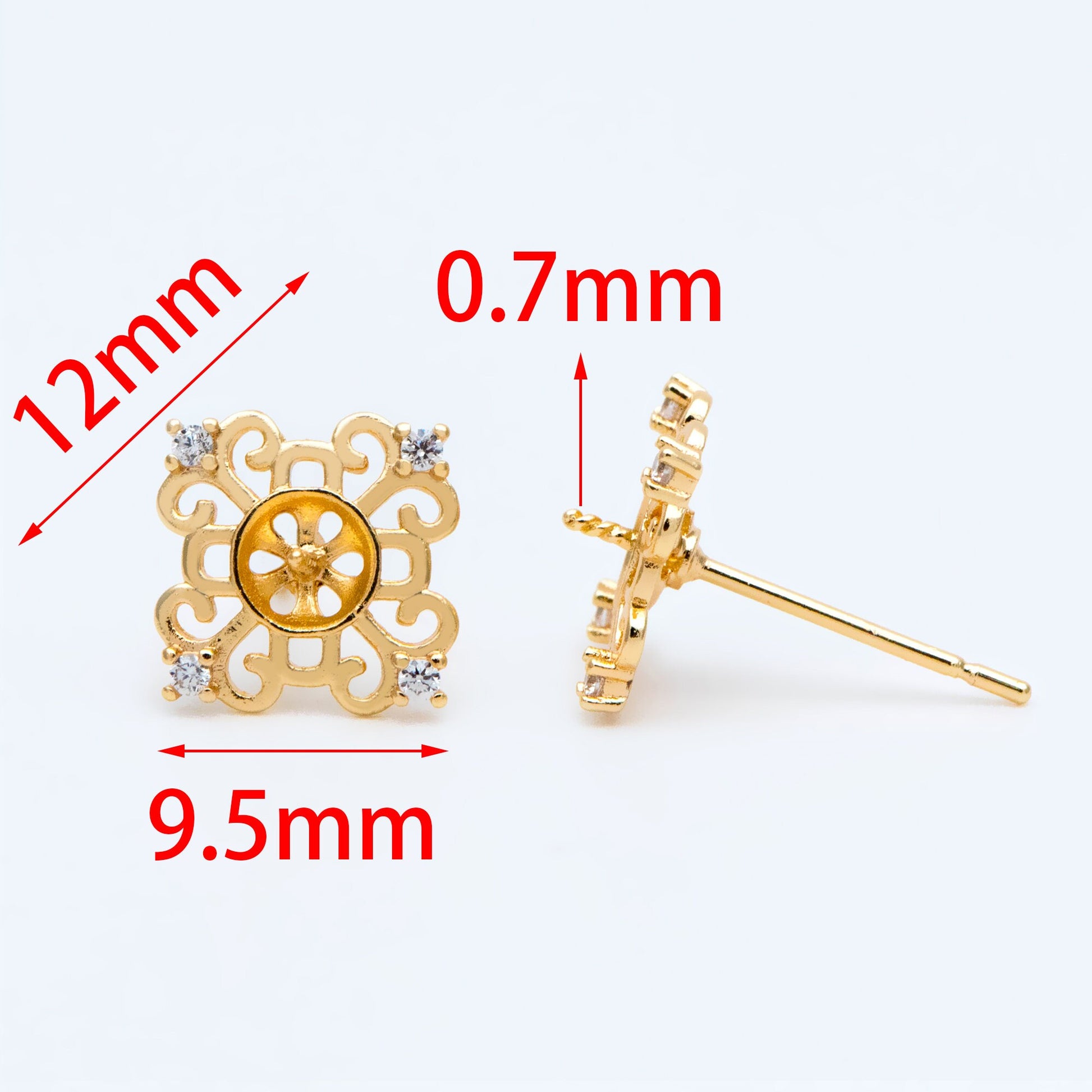 10pcs CZ Pave Filigree Flower Ear Posts 12mm, Pearl Peg Earring Mounts, Half Drilled Pearl Earring Settings (#GB-1541)