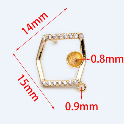 10pcs CZ pave Irregular Earring with loop 15x14mm, Pearl Peg Earring Mounts,Half Drilled Pearl Earring Settings (GB-1542)