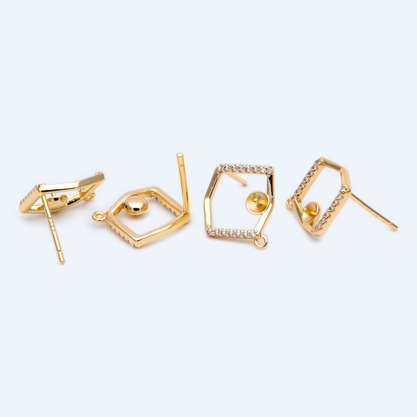 10pcs CZ pave Irregular Earring with loop 15x14mm, Pearl Peg Earring Mounts,Half Drilled Pearl Earring Settings (GB-1542)