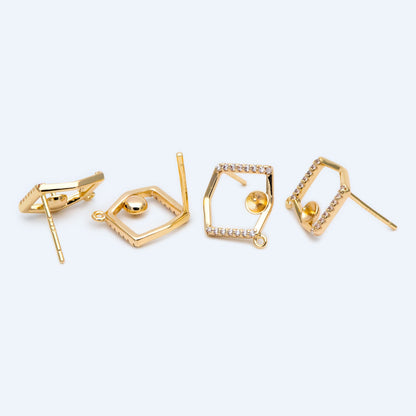 10pcs CZ pave Irregular Earring with loop 15x14mm, Pearl Peg Earring Mounts,Half Drilled Pearl Earring Settings (GB-1542)