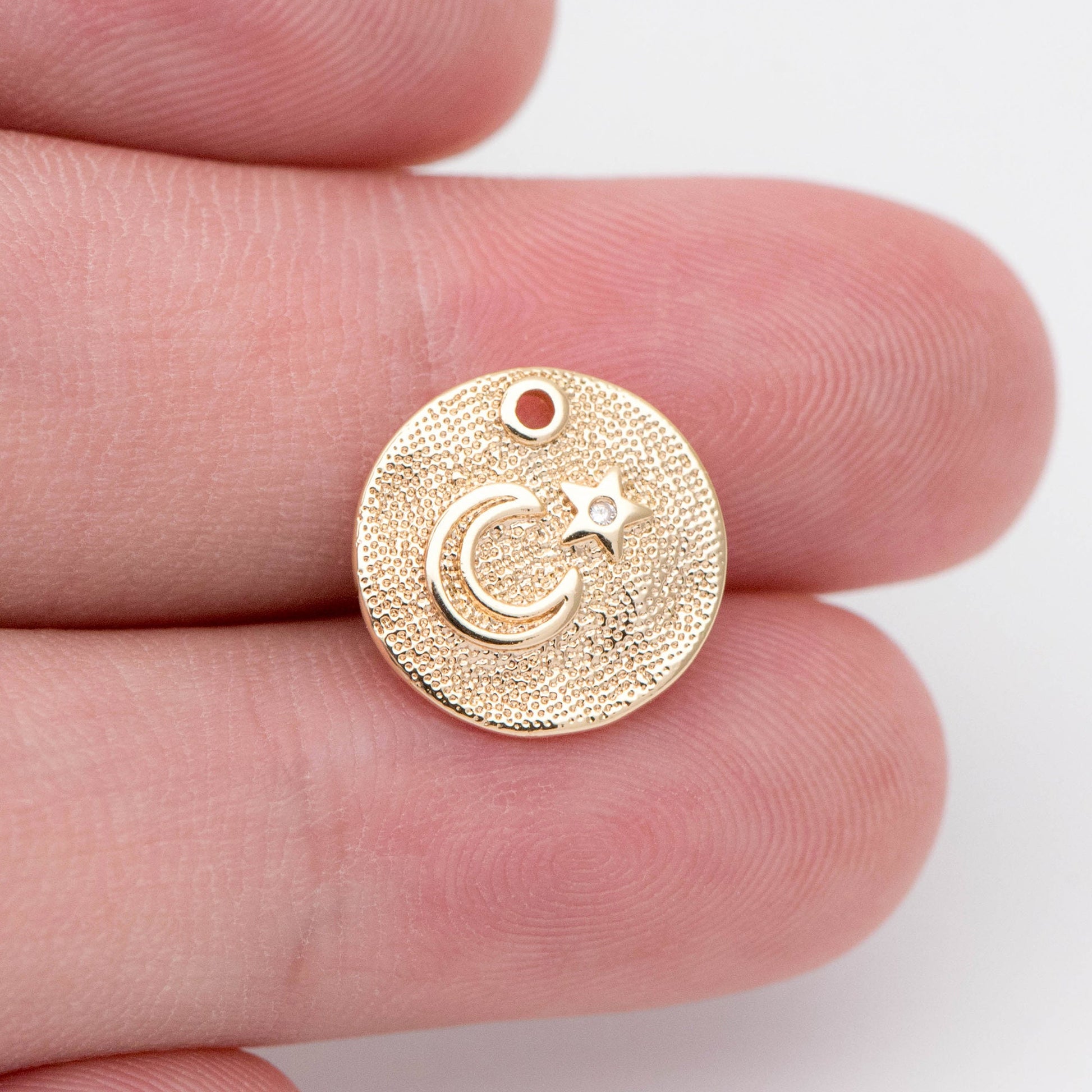4pcs CZ Pave Gold/ Silver tone Moon Star Coin Charm 13mm, Moon Star Necklace Charm, Moon Star Jewelry (GB-2433-C)