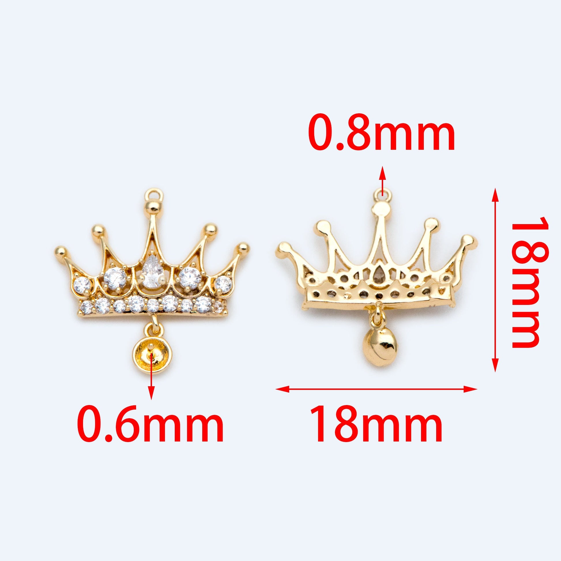 4pcs Gold Crown Charm with Half Drilled Pearl Peg, Real Gold plated Brass Crown Pendant 15x11mm, Lead Nickel Free (GB-1580)