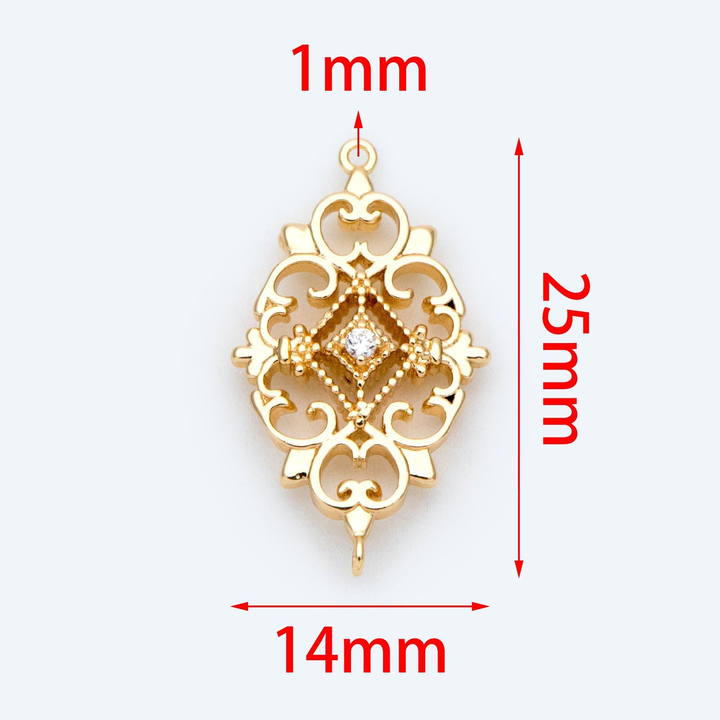 10pcs Gold plated Brass Hollow Rhombus Connector 25x14mm, CZ pave Rhombus Charm Pendant (GB-1584)