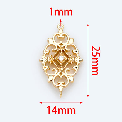 10pcs Gold plated Brass Hollow Rhombus Connector 25x14mm, CZ pave Rhombus Charm Pendant (GB-1584)