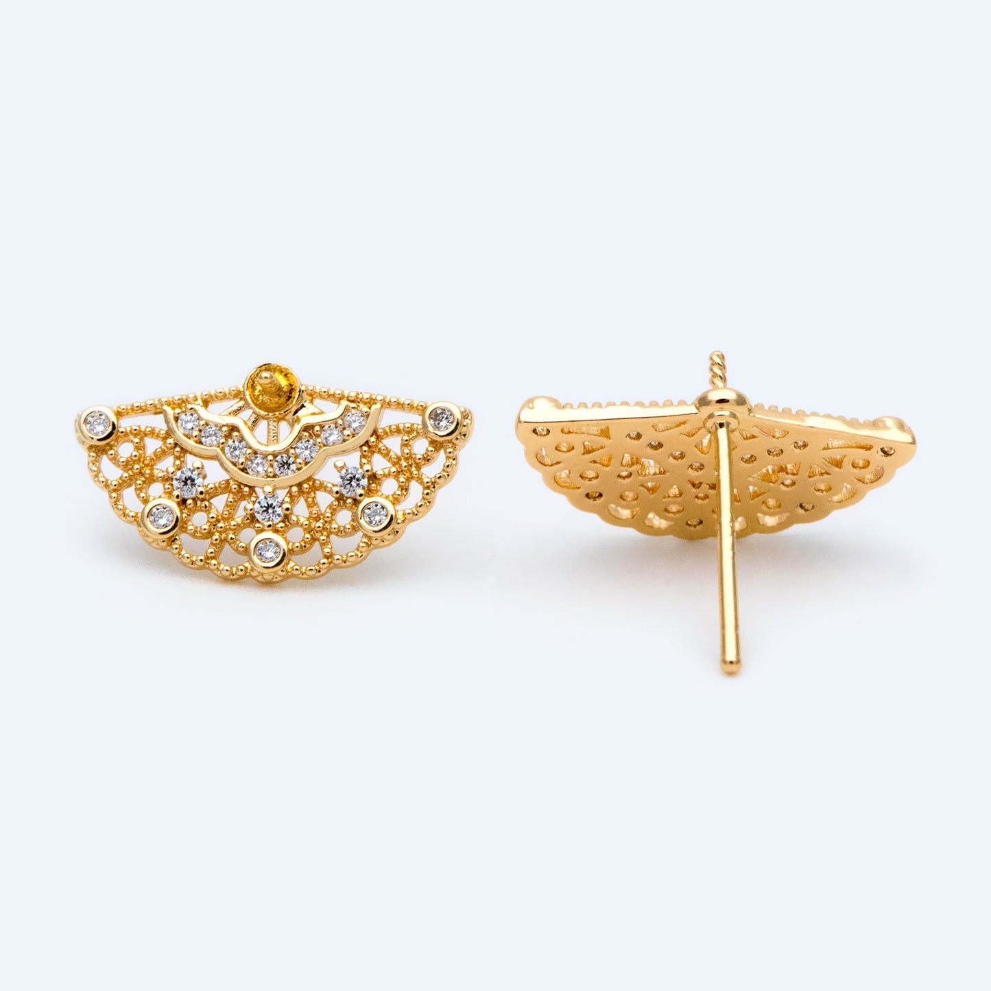 10pcs CZ Pave Fan Shape Earring Stud, Fan Stud Earring with Pearl Peg (#GB-1587)