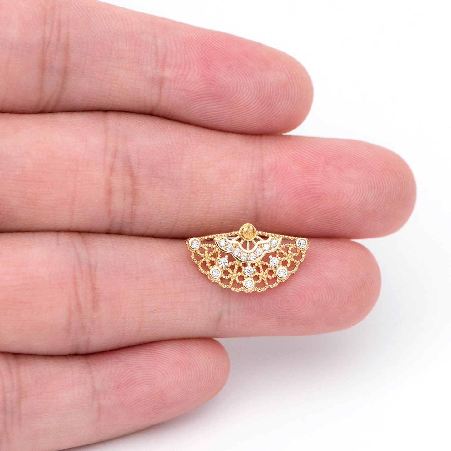 10pcs CZ Pave Fan Shape Earring Stud, Fan Stud Earring with Pearl Peg (#GB-1587)