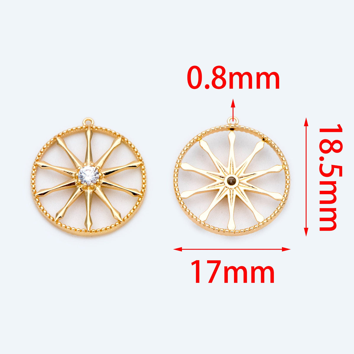 10pcs Gold / Rhodium plated Brass Round Wheel Charm 17mm, CZ pave Wheel Pendant (GB-1591)