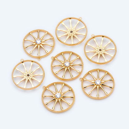 10pcs Gold / Rhodium plated Brass Round Wheel Charm 17mm, CZ pave Wheel Pendant (GB-1591)
