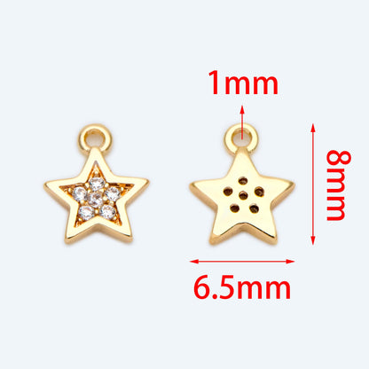 10pcs CZ Pave Gold Star Charm Pendant 8x6.5mm, Real Gold plated Brass (GB-162-A)