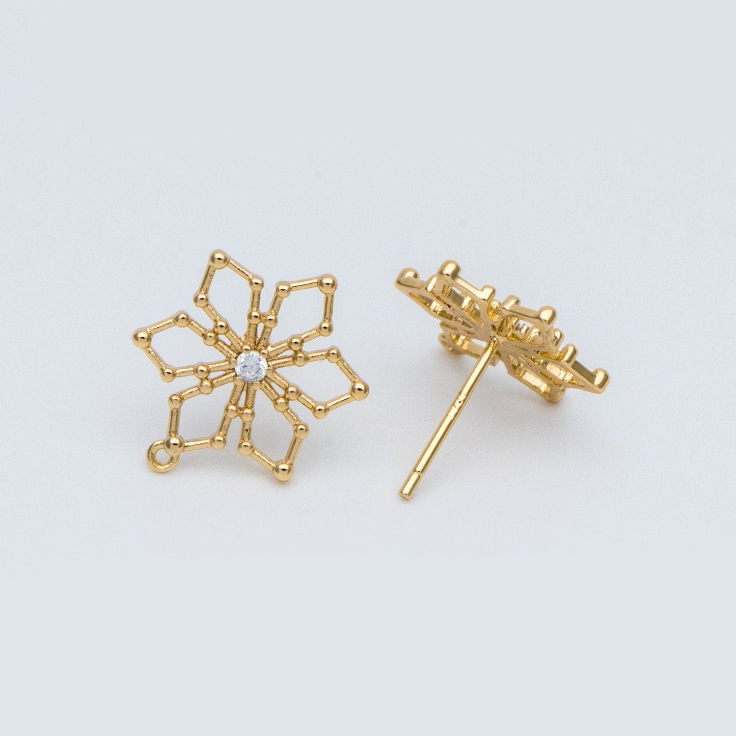 10pcs CZ Pave Snowflake Ear Posts 15mm, Real Gold Plated Brass Earrings, Sterling Silver Stud (GB-740)