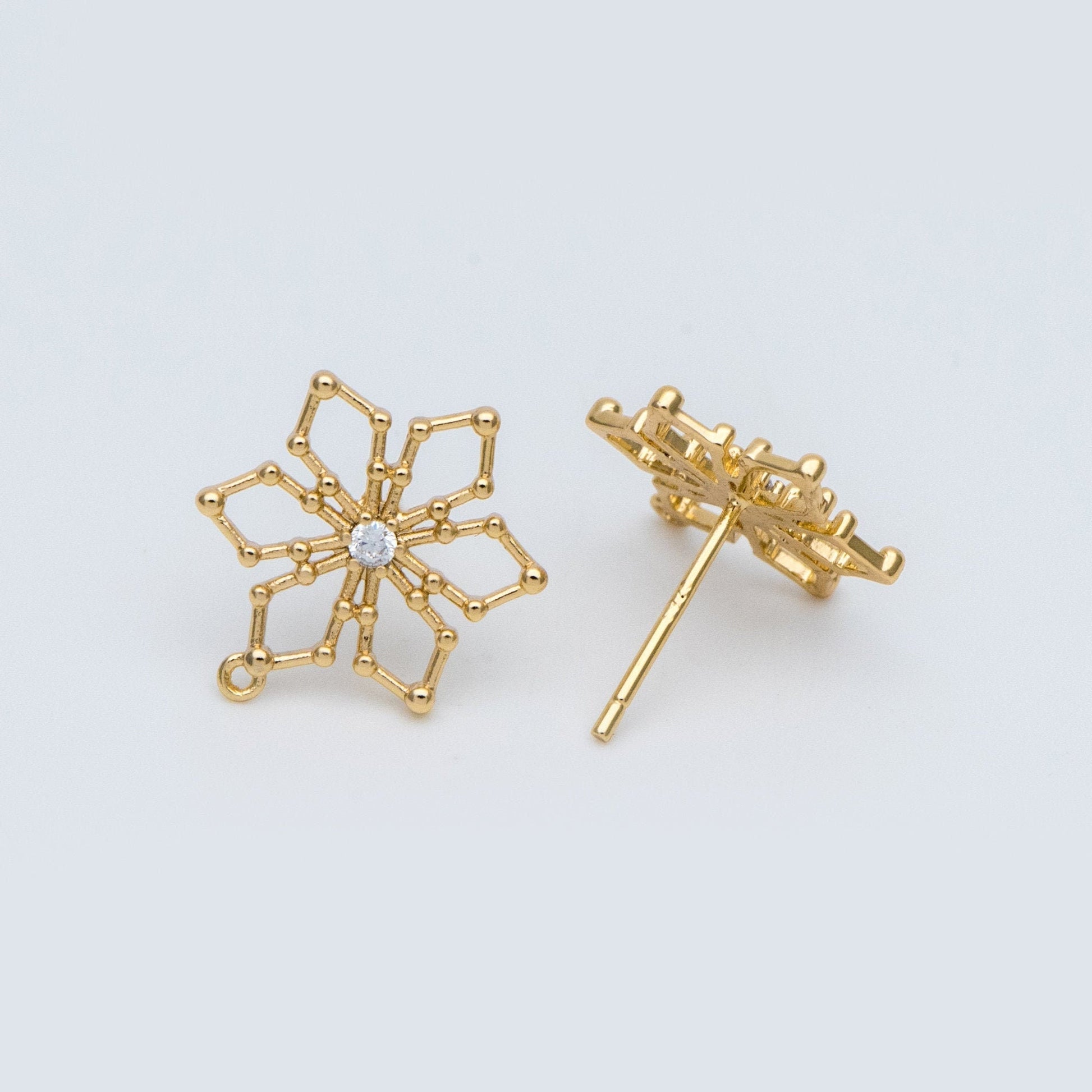 10pcs CZ Pave Snowflake Ear Posts 15mm, Real Gold Plated Brass Earrings, Sterling Silver Stud (GB-740)