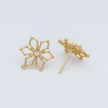 10pcs CZ Pave Snowflake Ear Posts 15mm, Real Gold Plated Brass Earrings, Sterling Silver Stud (GB-740)