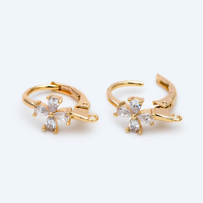 4pcs CZ Pave Clover Leverback Ear Hooks, 18K Gold plated Brass, Earring Component Hooks (GB-1601)