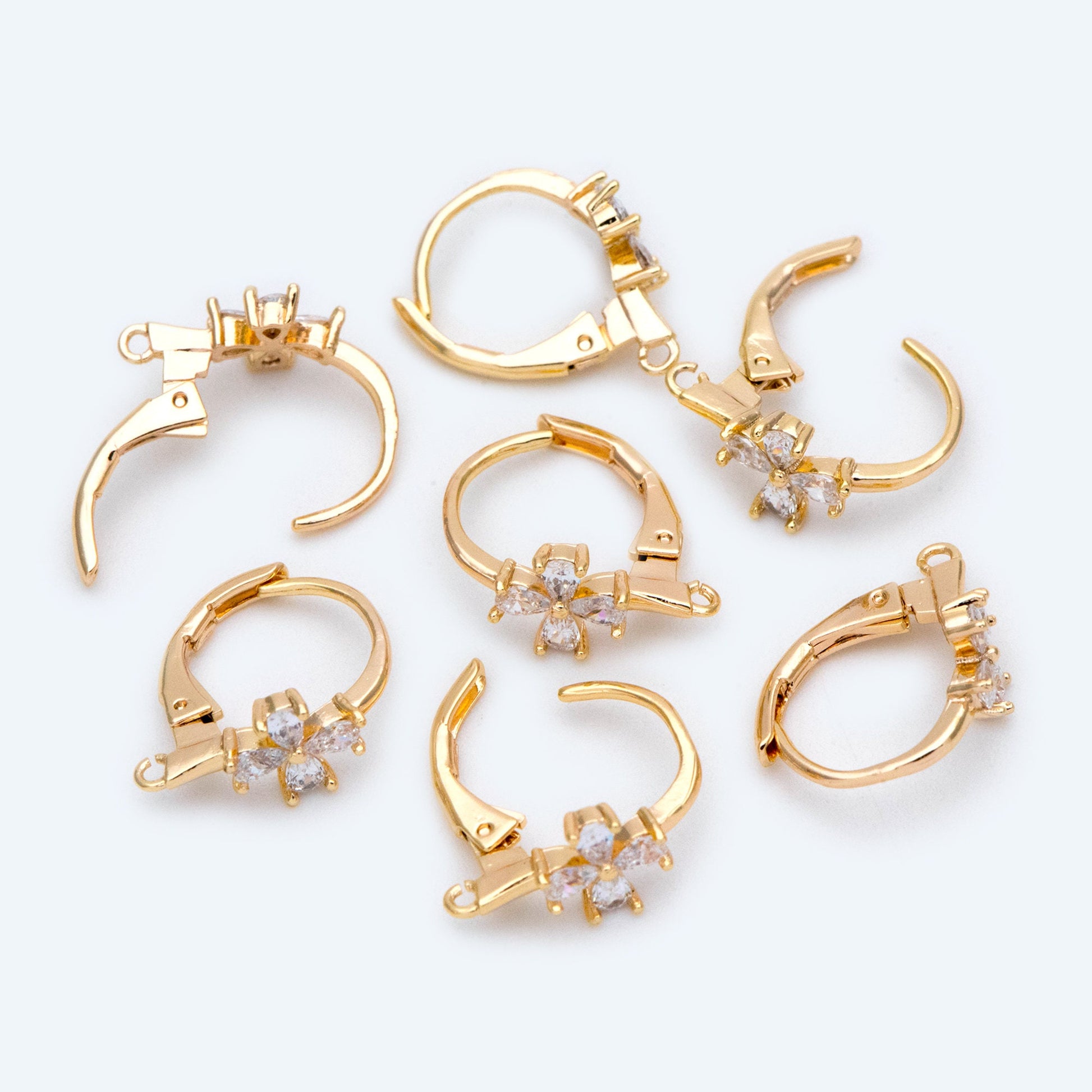 4pcs CZ Pave Clover Leverback Ear Hooks, 18K Gold plated Brass, Earring Component Hooks (GB-1601)