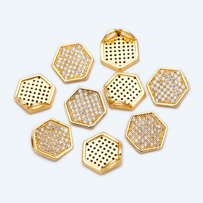 10pcs CZ Pave Hexagon Charm, 18K real Gold plated Brass Pendants (GB-1602)