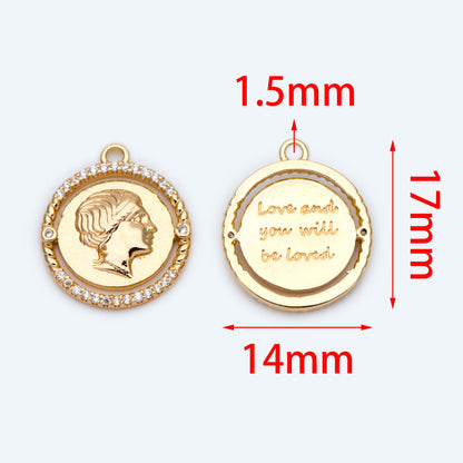 4pcs Gold Medallion Charm Pendant 17x14mm, Face Charm, Jewelry Supply (GB-1603)