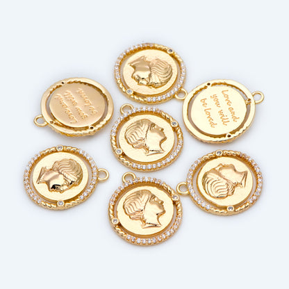 4pcs Gold Medallion Charm Pendant 17x14mm, Face Charm, Jewelry Supply (GB-1603)