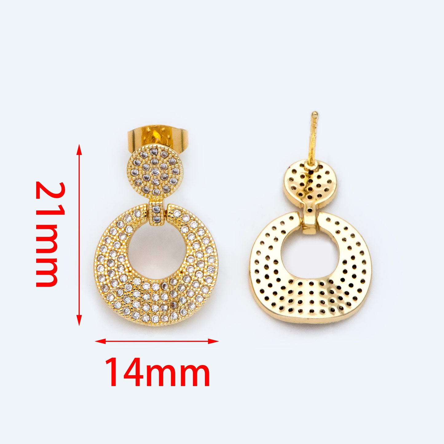 2pcs CZ Pave Round Ear Post, Circle Earring, 18K Gold plated Brass, Jewelry Supply (#GB-1609)