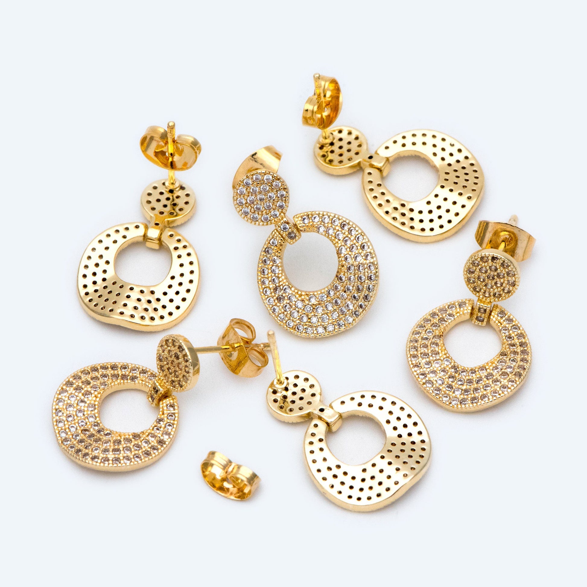 2pcs CZ Pave Round Ear Post, Circle Earring, 18K Gold plated Brass, Jewelry Supply (#GB-1609)