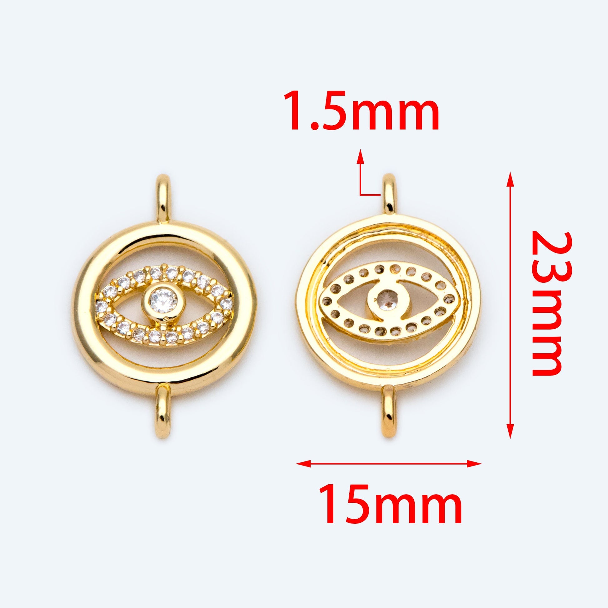10pcs Micro Pave CZ Evil Eye Connector 23x15mm, 18K Gold plated Brass Eye Charms, Cubic Zirconia Pave Eye Pendants (GB-1999-C)