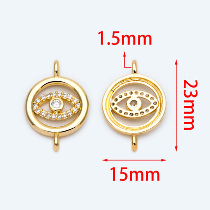 10pcs Micro Pave CZ Evil Eye Connector 23x15mm, 18K Gold plated Brass Eye Charms, Cubic Zirconia Pave Eye Pendants (GB-1999-C)