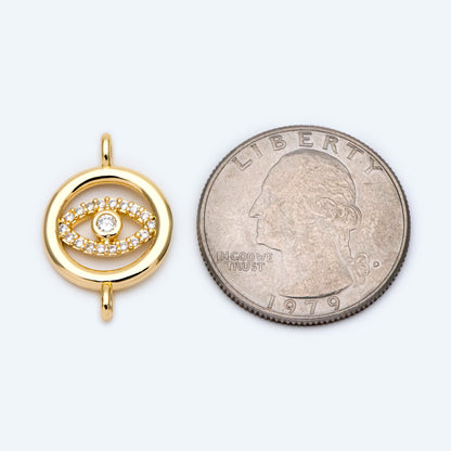 10pcs Micro Pave CZ Evil Eye Connector 23x15mm, 18K Gold plated Brass Eye Charms, Cubic Zirconia Pave Eye Pendants (GB-1999-C)