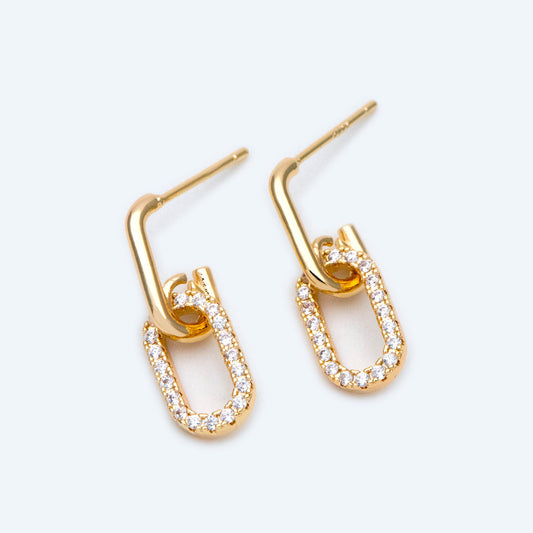 4pcs CZ Pave Oval Ear Posts 22x7mm, 18k Gold Plated Brass, Quality Stud Earring (#GB-1614)