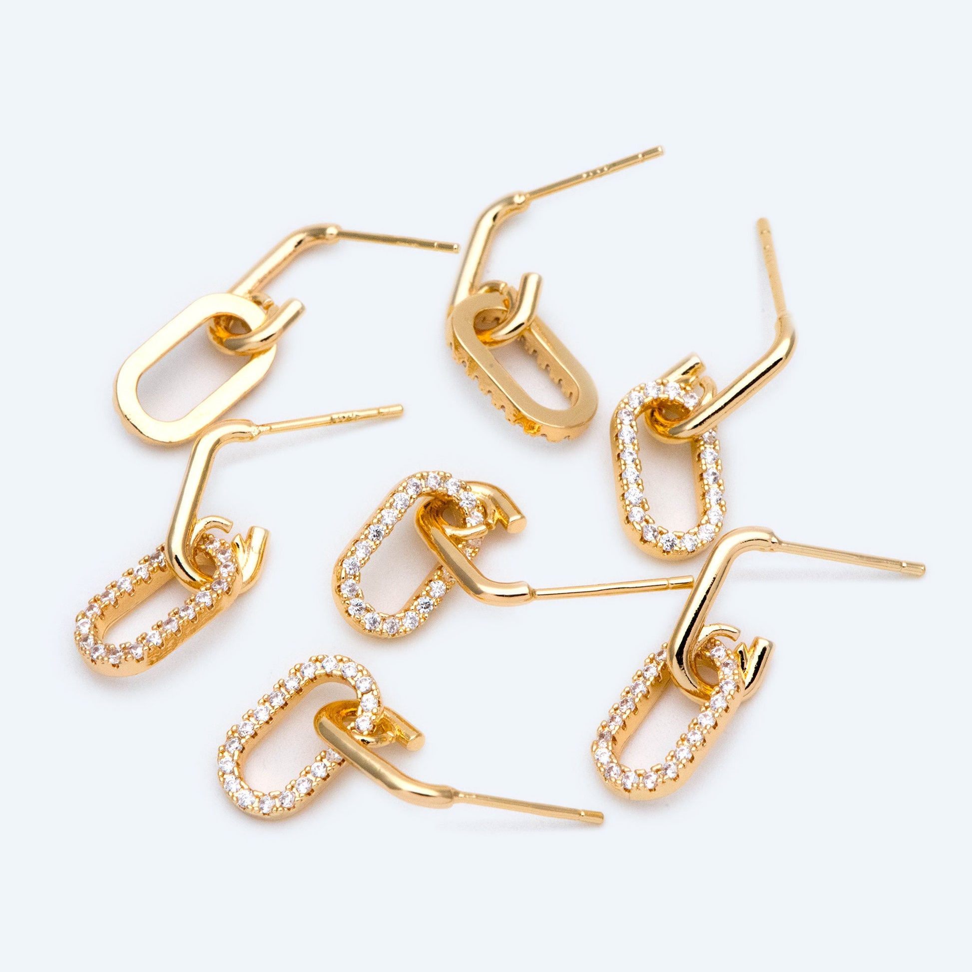 4pcs CZ Pave Oval Ear Posts 22x7mm, 18k Gold Plated Brass, Quality Stud Earring (#GB-1614)