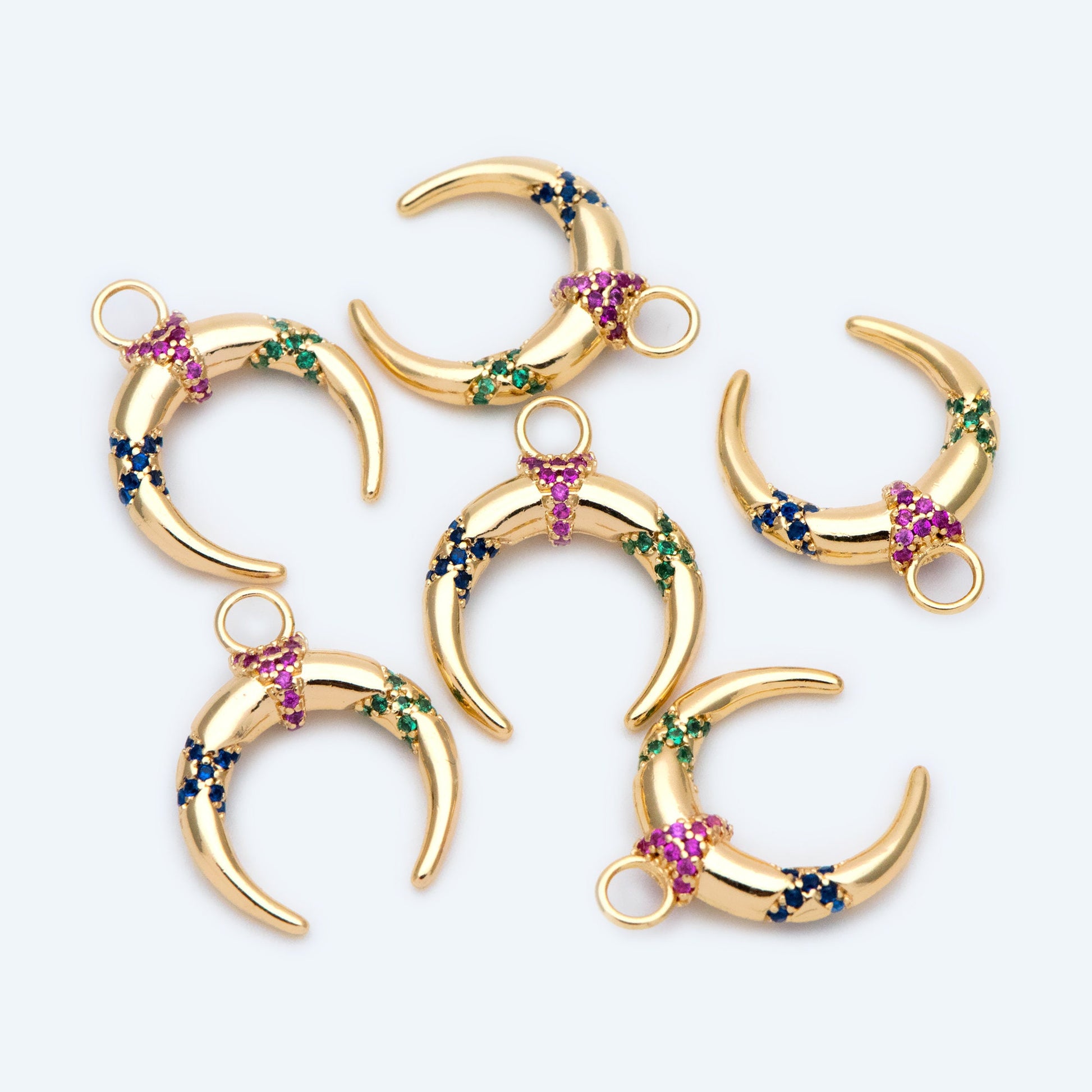 4pcs Colourful CZ pave Gold Crescent Moon Charm 16x20mm, 18K Gold plated Brass, OX Horn Pendant (GB-2394-C2)