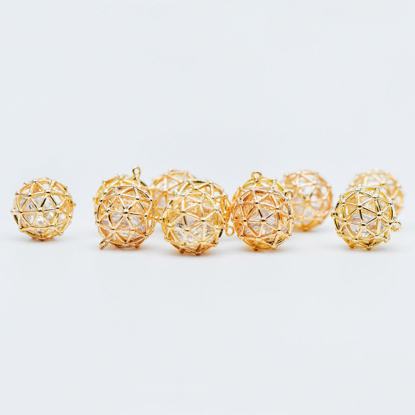 10pcs Gold Round Charms 11mm, Filigree Hollow Ball Pendants with CZ Inside, 18K Gold plated on Brass, Lead Nickel Free (GB-542)
