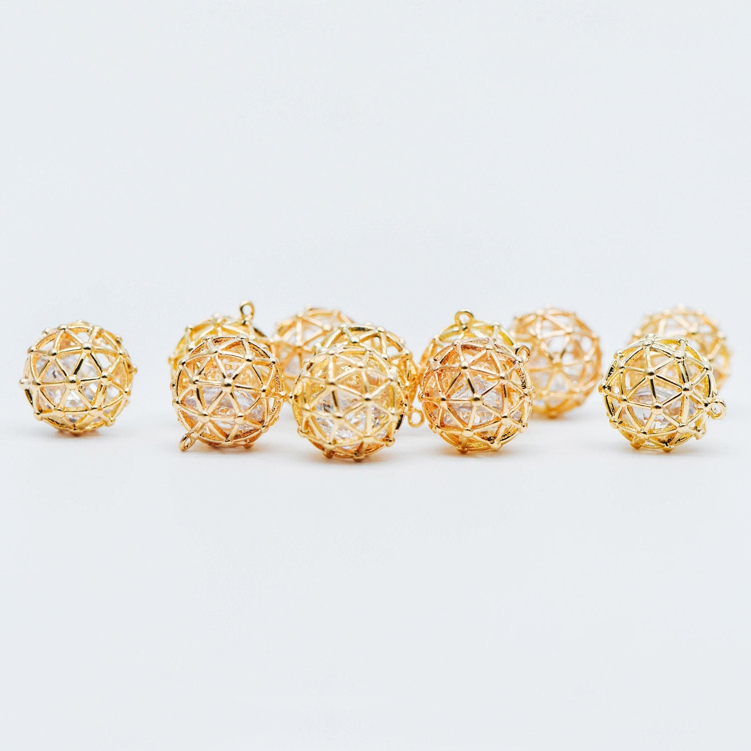 10pcs Gold Round Charms 11mm, Filigree Hollow Ball Pendants with CZ Inside, 18K Gold plated on Brass, Lead Nickel Free (GB-542)