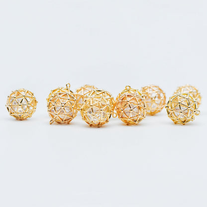 10pcs Gold Round Charms 11mm, Filigree Hollow Ball Pendants with CZ Inside, 18K Gold plated on Brass, Lead Nickel Free (GB-542)